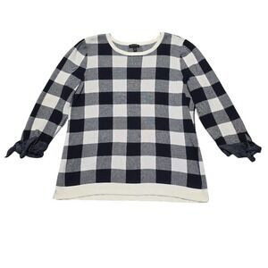 Talbots Buffalo Check Pullover Sweater Womens M Navy White Tie Cuff 3/4 Sleeve